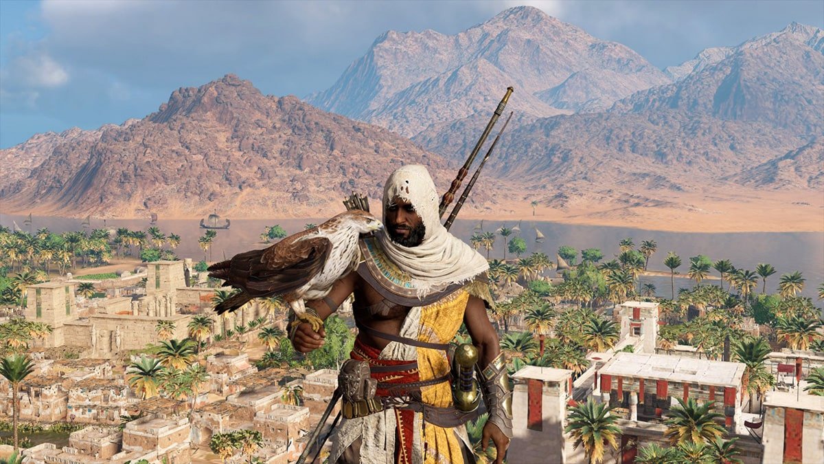 Bayek y su águila Senu de Assassin's Creed: Origins.