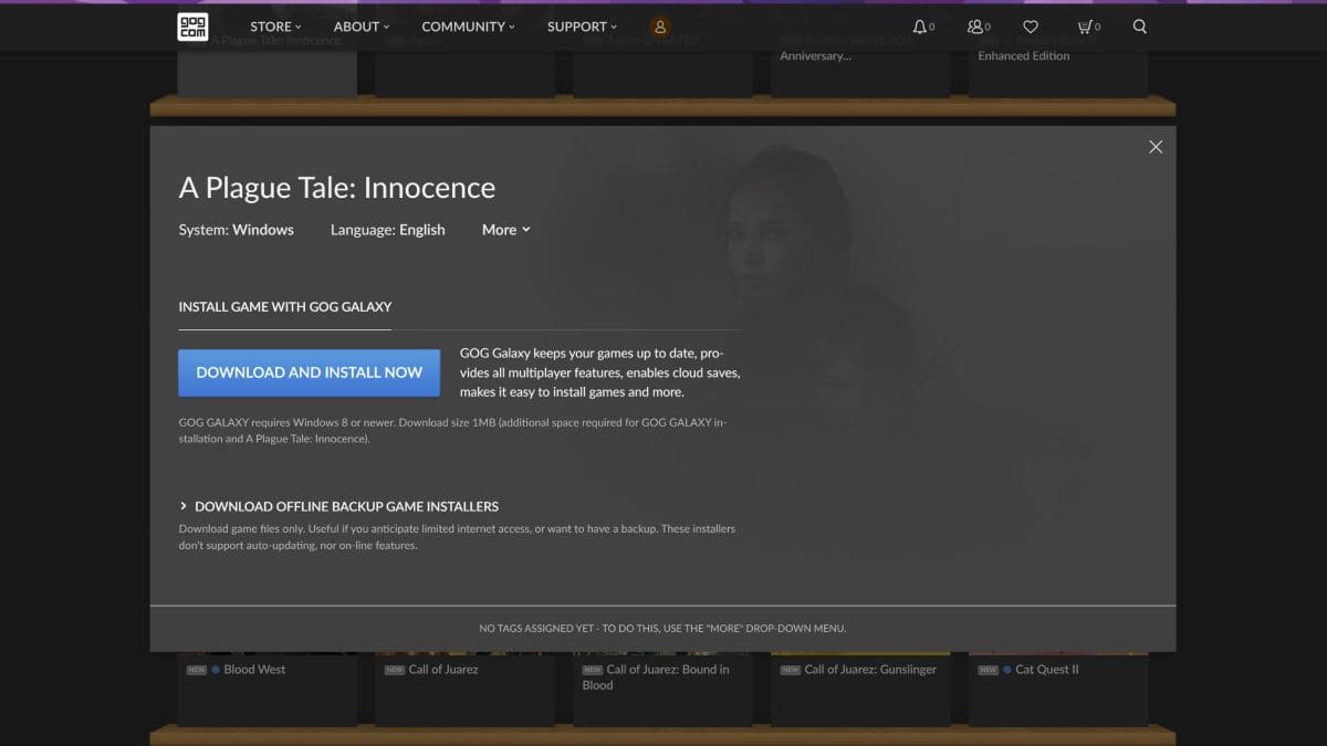Opción de descarga de los archivos permanentes de backup de A Plague Tale: Innocence en la plataforma GOG