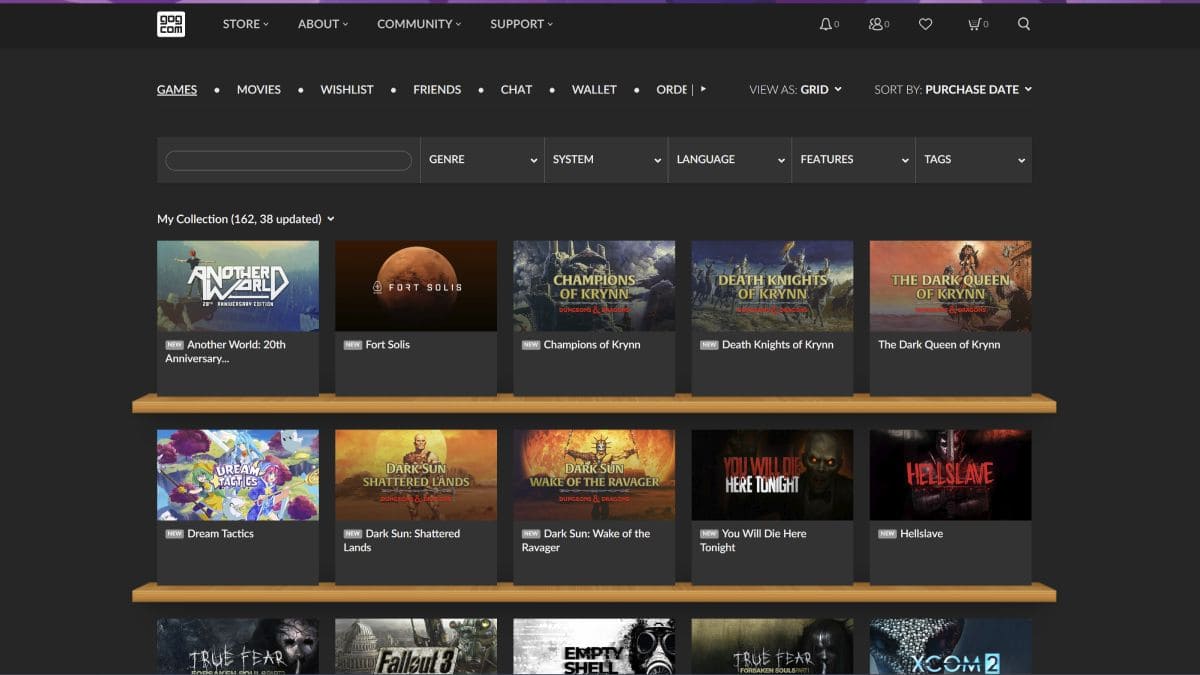 Biblioteca de juegos en la plataforma GOG