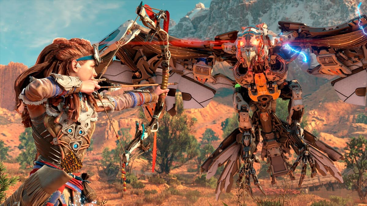 Aloy lucha contra una máquina voladora en Horizon Zero Dawn Remastered