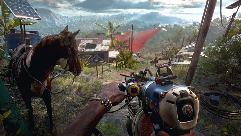 Dini Rojas sostiene un arma junto a un caballo en Far Cry 6.