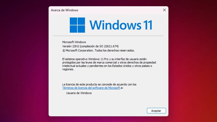 Interfaz de comprobación de la versión de Windows 11.