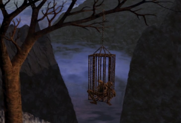 Pantalla de derrota de Heroes of Might & Magic II con una jaula colgando de un árbol.