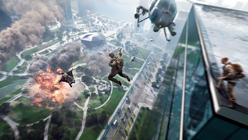 Personajes de Battlefield 2042 saltando desde un edificio.