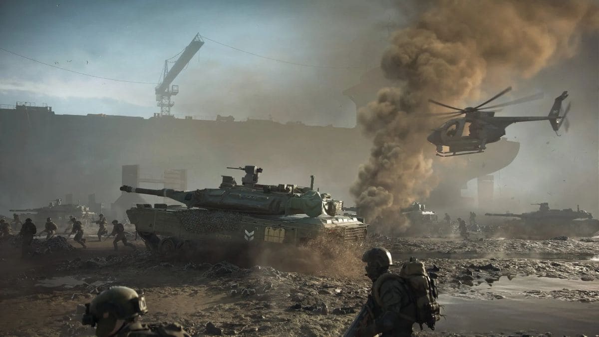 Batalla con tanques y helicópteros en Battlefield 2042.