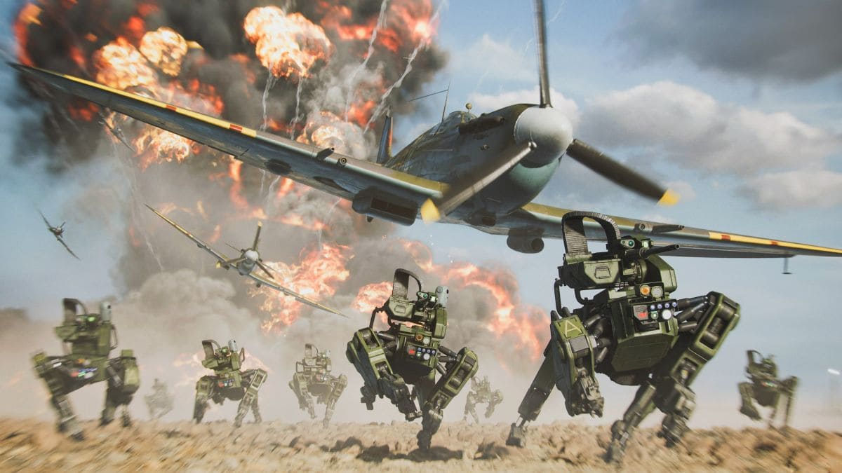 Robots de combate y aviones en Battlefield 2042.