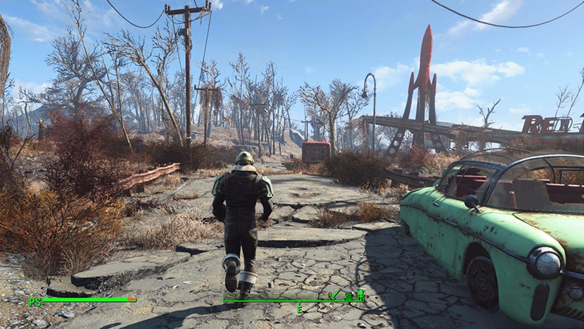 Personaje corriendo por el Yermo de Fallout 4.