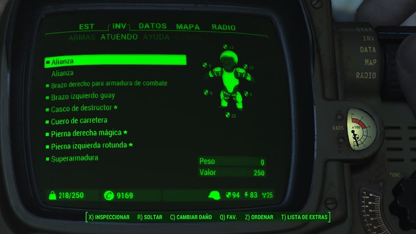 Interfaz de equipo en Fallout 4.