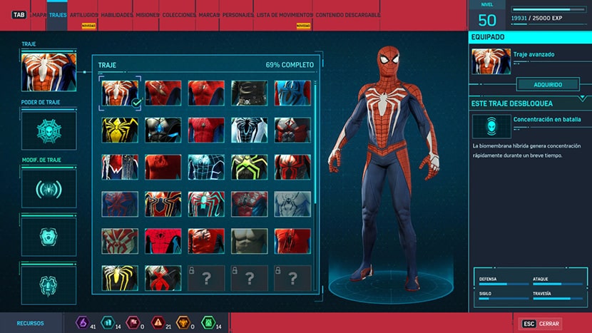 Trajes disponibles en el juego Marvel's Spider-Man.