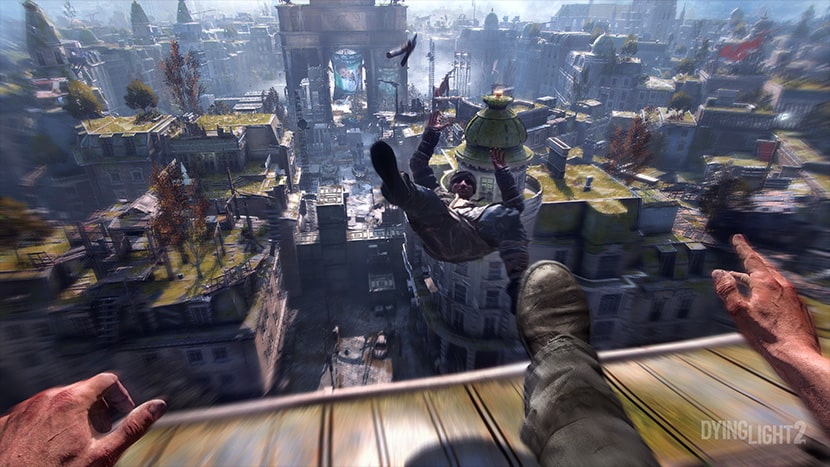 El protagonista de Dying Light 2 lanzando a un enemigo desde un edificio de una patada.