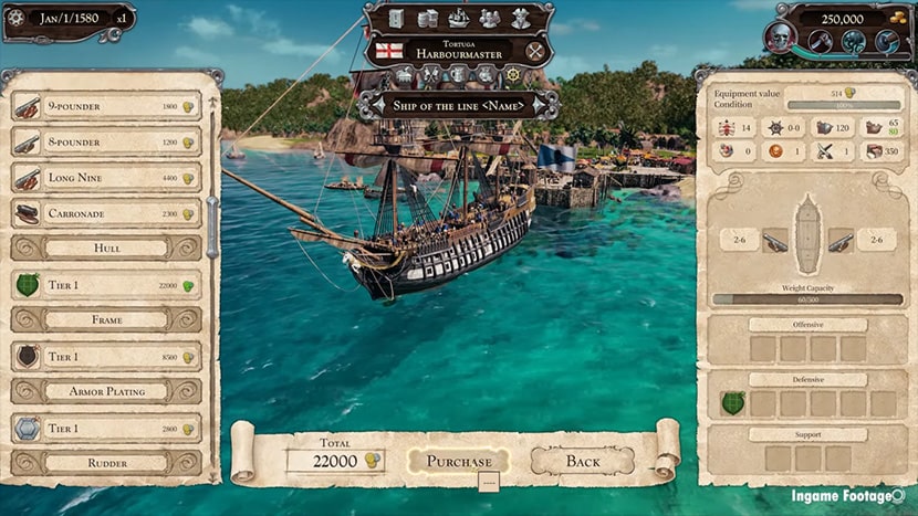 Interfaz de personalización de barcos de Tortuga: A Pirate's Tale.