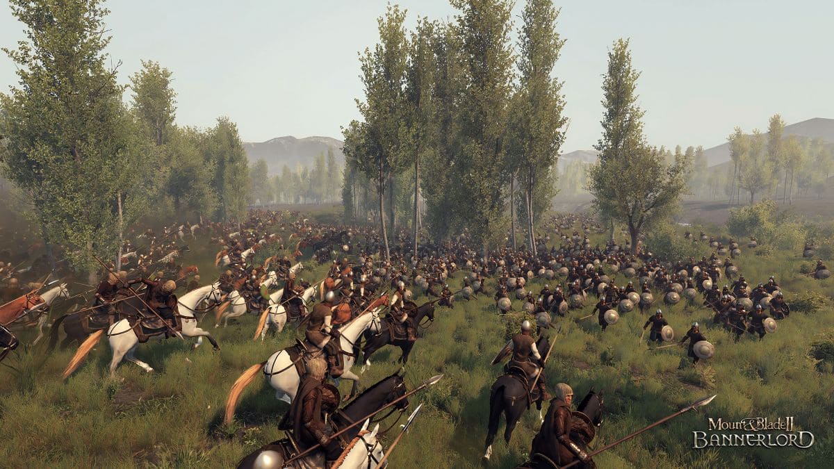 Batalla de caballería e infantería en Mount and Blade 2: Bannerlord.