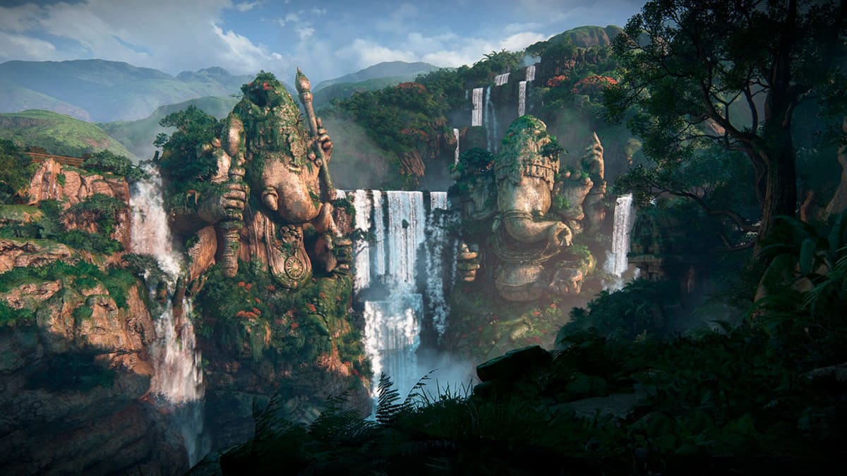 Dos gigantescas estatuas de elefantes antropomorfos en Uncharted: El legado Perdido.