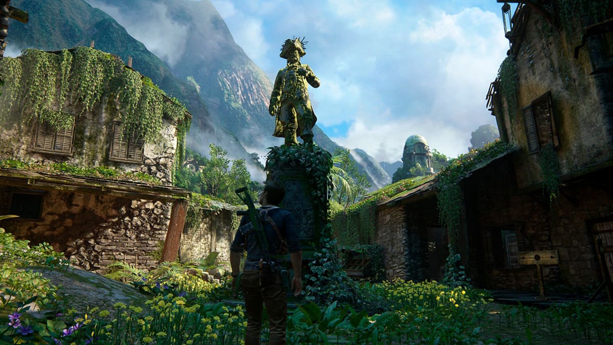 Nathan Drake frente a una estatua de Henry Avery en Uncharted 4.