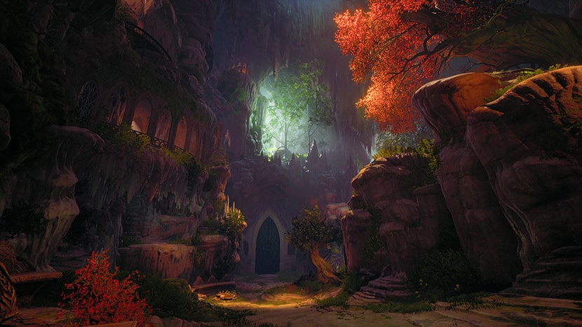 Una puerta oculta en un bosque dentro del juego The Lord of the RIngs: Gollum.