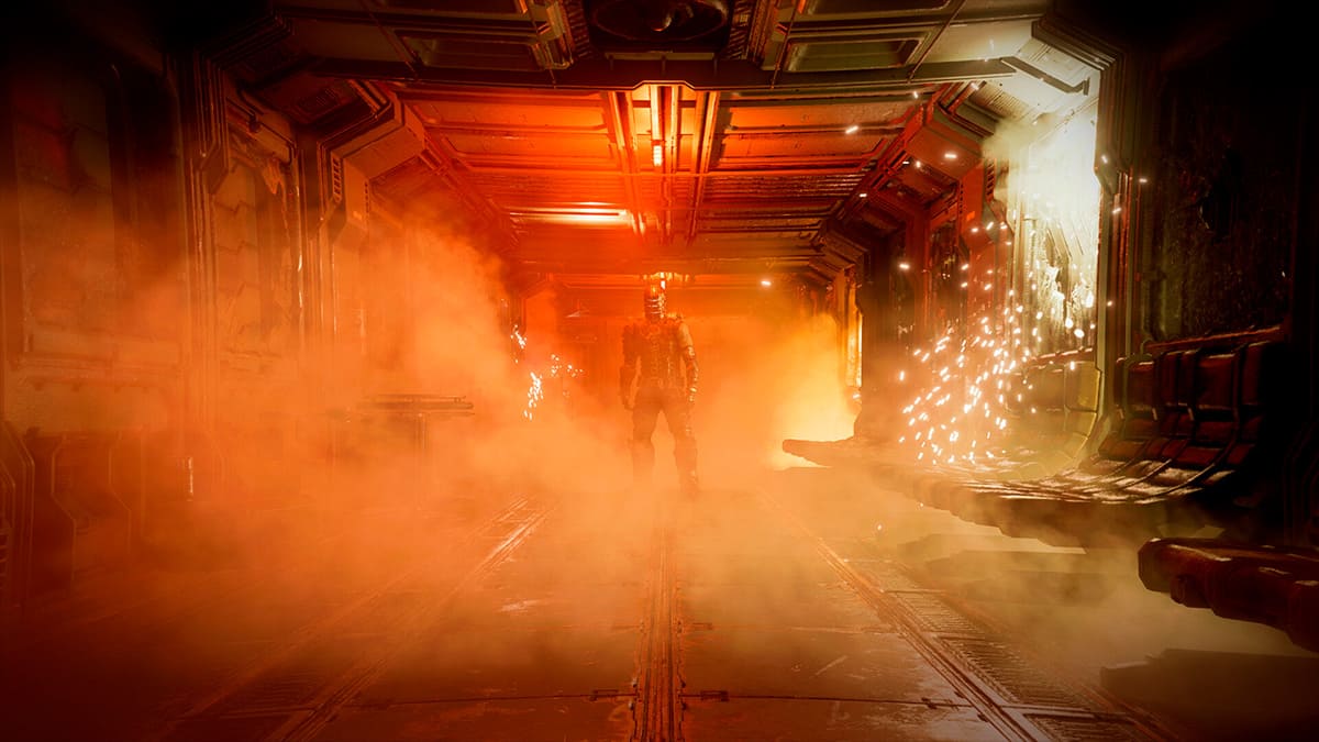 Niebla y chispas en una nave espacial de Dead Space.