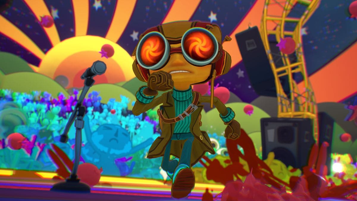 Raz en un escenario muy colorido y psicodélico de Psychonauts 2