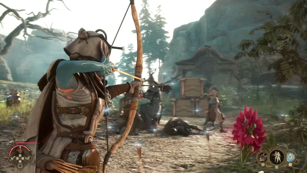 Gameplay de combate con arco en Soulframe.