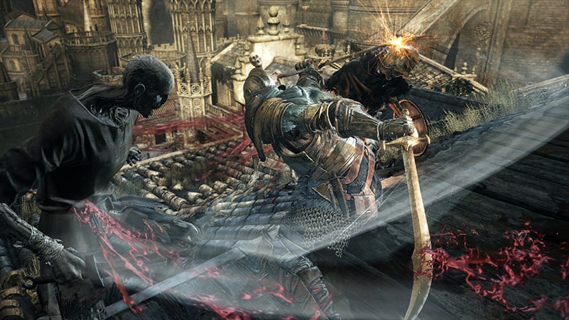 El protagonista de Dark Souls 3 luchando sobre un tejado con una fortaleza al fondo.