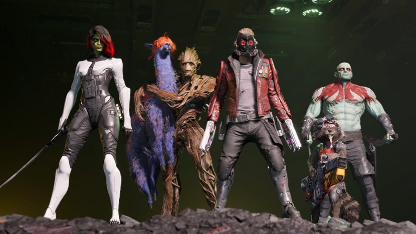 Los Guardianes de la Galaxia junto a una llama en el juego de 2021.