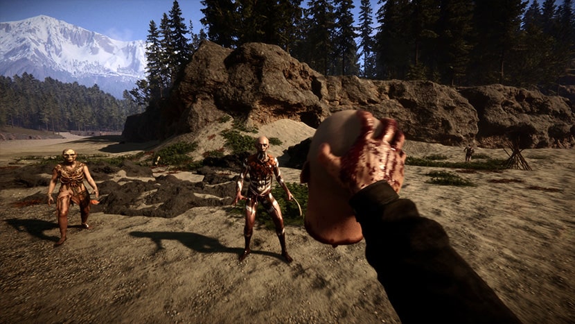 Nativos asustados antes una cebeza decapitada en el juego Sons of the Forest.