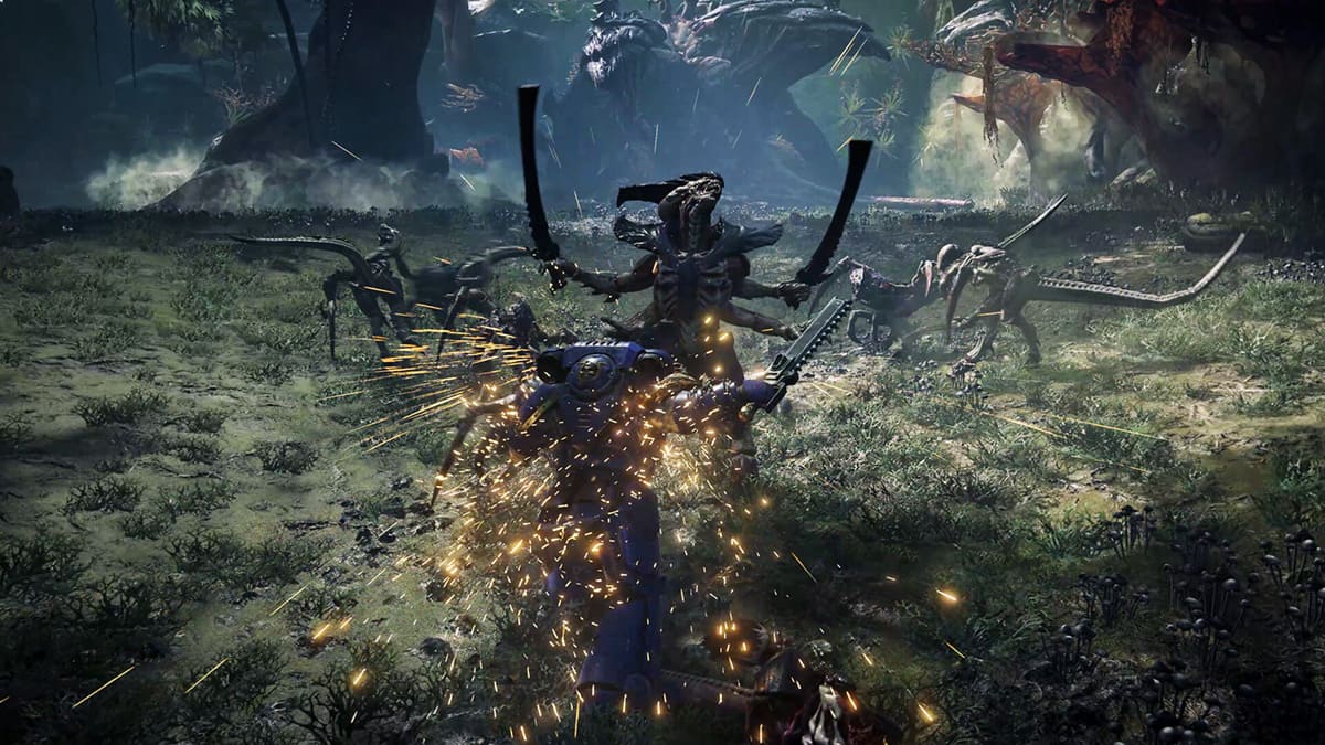 Titus luchando contra un tiránido en Warhammer 40000: Space Marine 2.