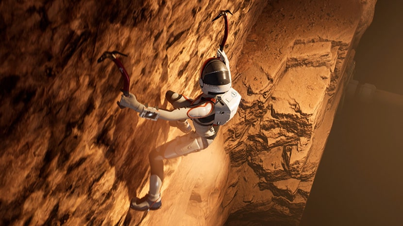 La protagonista de Deliver Us Mars escalando una pared rocosa.