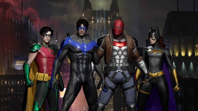 Robin, Nightwing, Capucha Roja y Batgirl en el juego Gotham Knights.