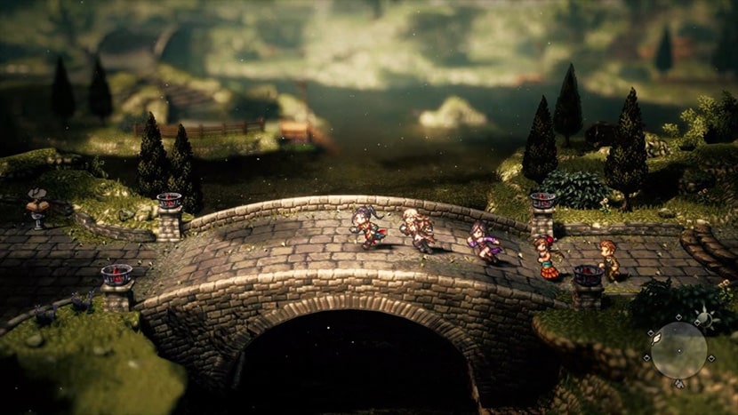 Algunos de los personajes de Octopath Traveler II cruzando un puente.