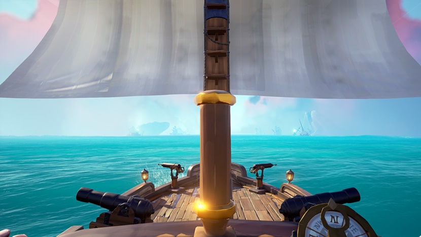Vista del navegante de un barco en el juego Sea of Thieves.