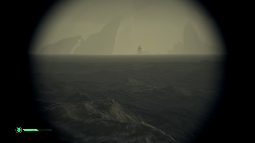 Un barco lejano visto a través del catalejo en el juego Sea of Thieves.