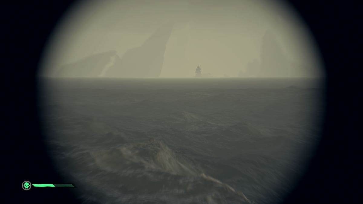 Un barco lejano visto a través del catalejo en el juego Sea of Thieves.