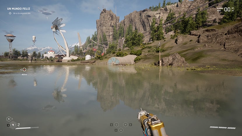 Un lago dentro del escenario del juego Atomic Heart.