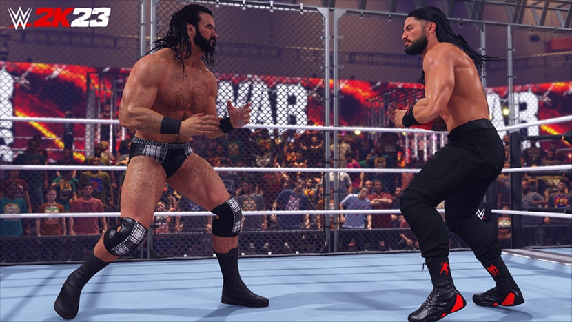 Dos luchadores a punto de iniciar el combate en WWE 2K23.