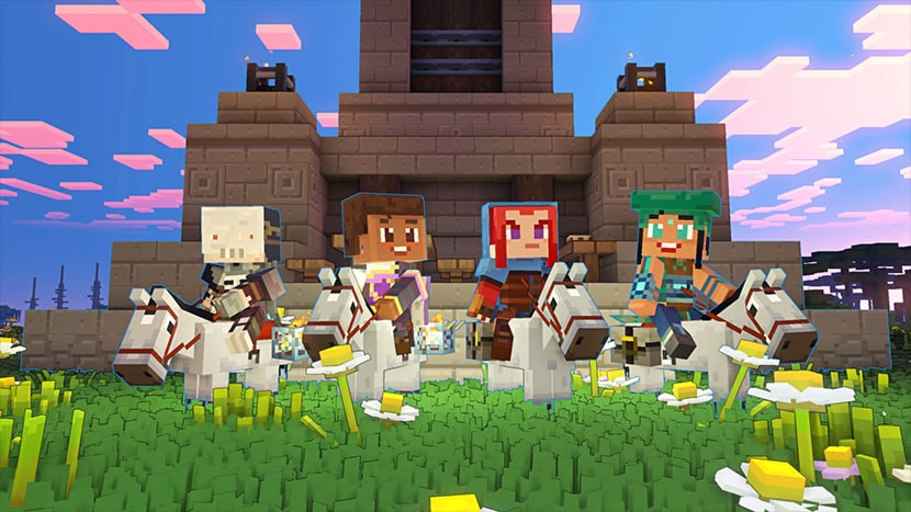 Cuatro personajes de jugador de Minecraft Legends.
