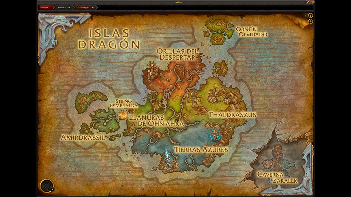 Mapa de las Islas Dragón y sus zonas en World of Warcraft: Dragonflight