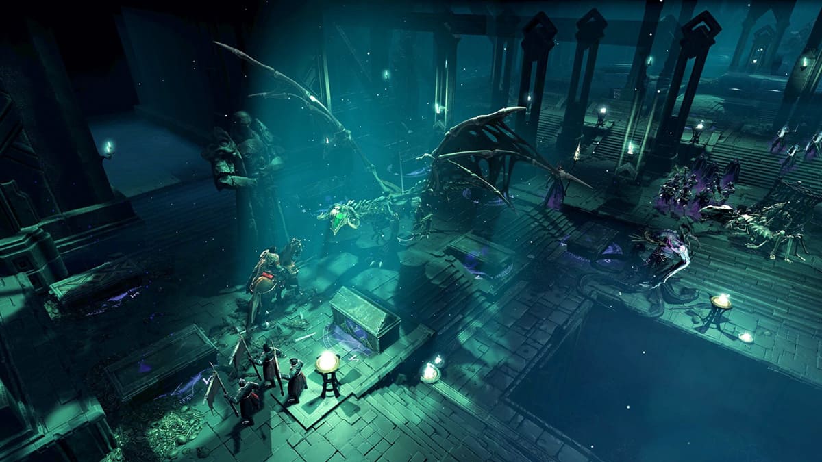 Escenario de batalla contra un dragón no-muerto en Age of Wonders 4.