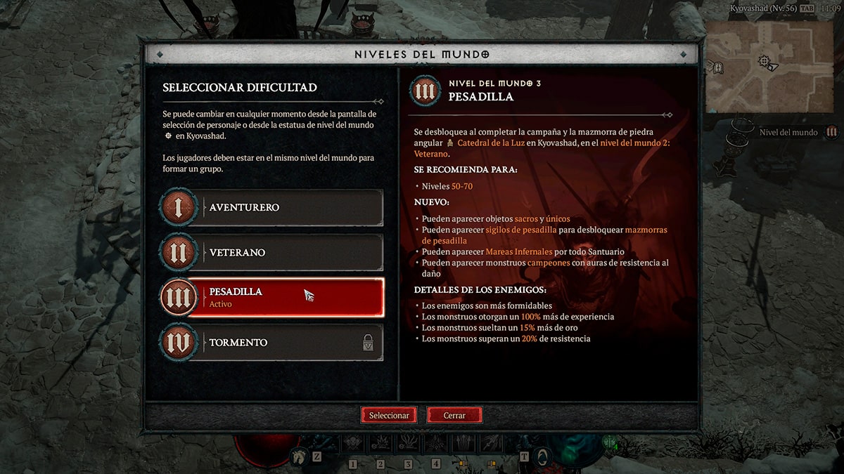 Selector de dificultad 3: Pesadilla en Diablo IV.