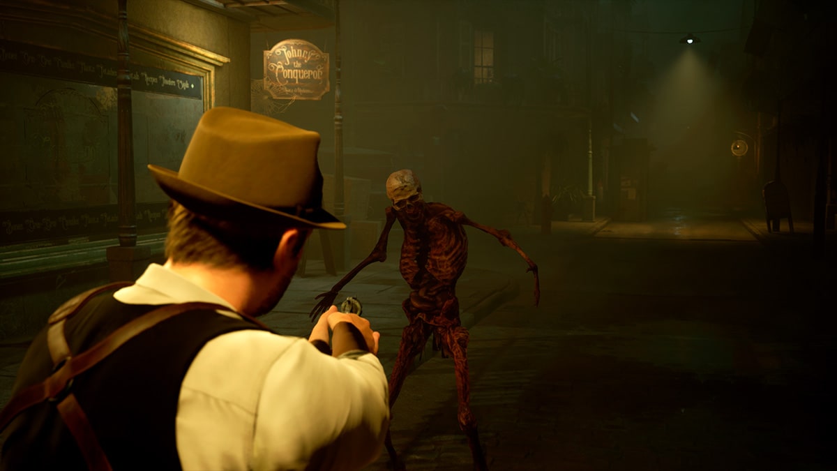Edward Carnby apunta a un esqueleto en el juego Alone in the Dark de 2023.
