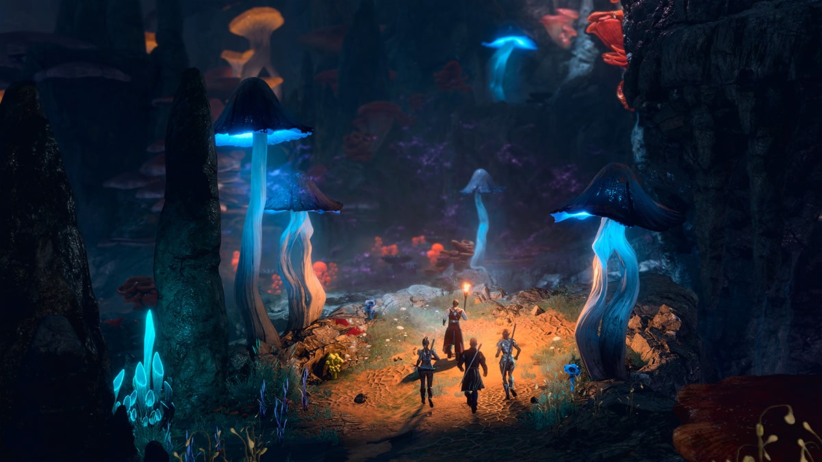 El grupo de héroes explora una cueva en el nuevo Baldur's Gate.