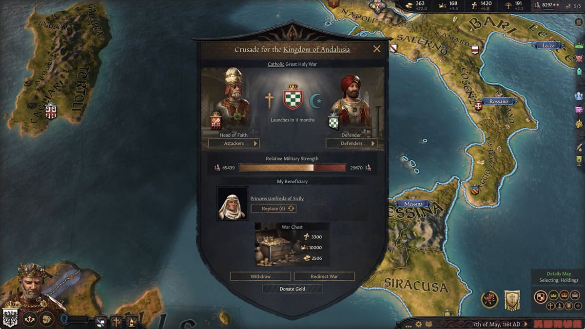 Interfaz de inicio de una Cruzada en Crusader Kings III.
