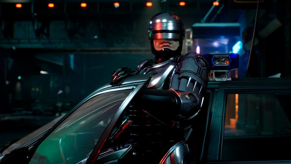 RoboCop saliendo de su coche en el juego Rogue City.