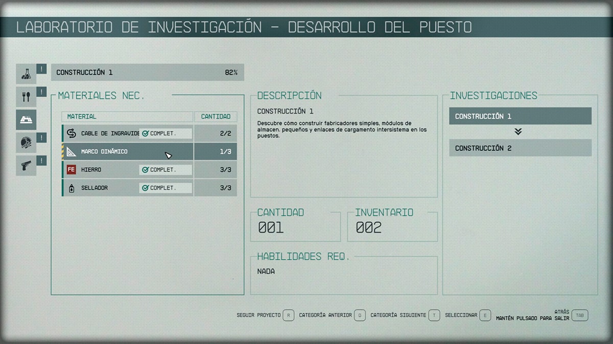 Interfaz de investigación en el videojuego Starfield.