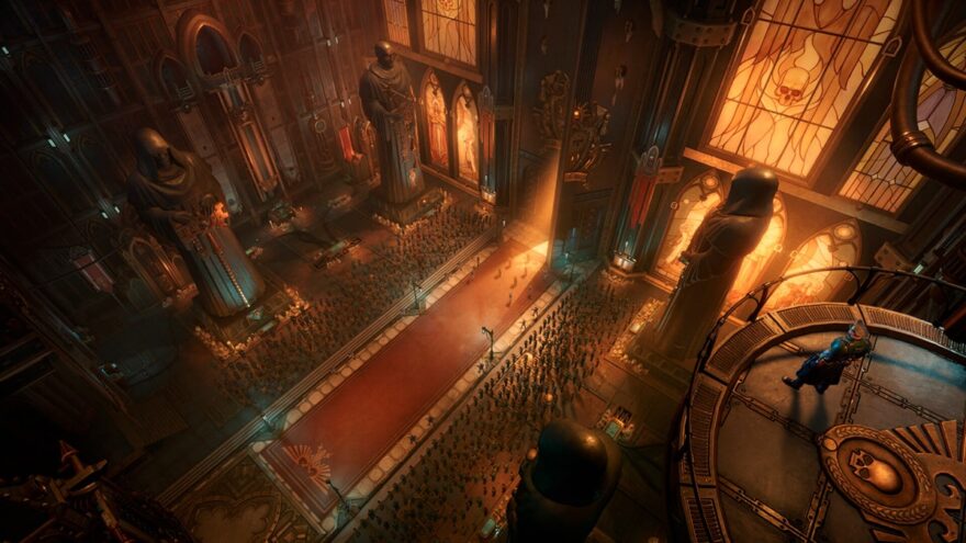 El interior de un enorme edificio en el videojuego Warhammer 40000: Rogue Trader.