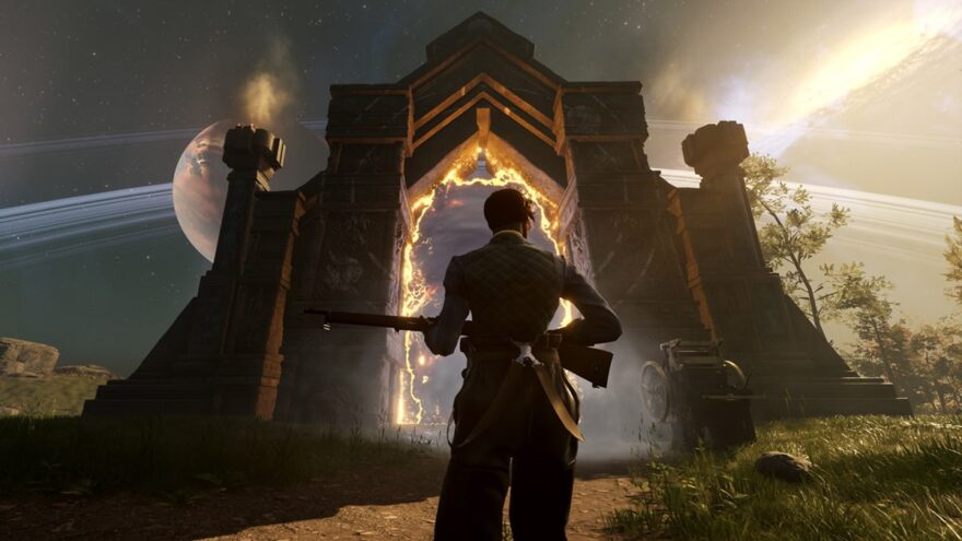 Un recorrerreinos se aproxima a un portal en el videojuego Nightingale.
