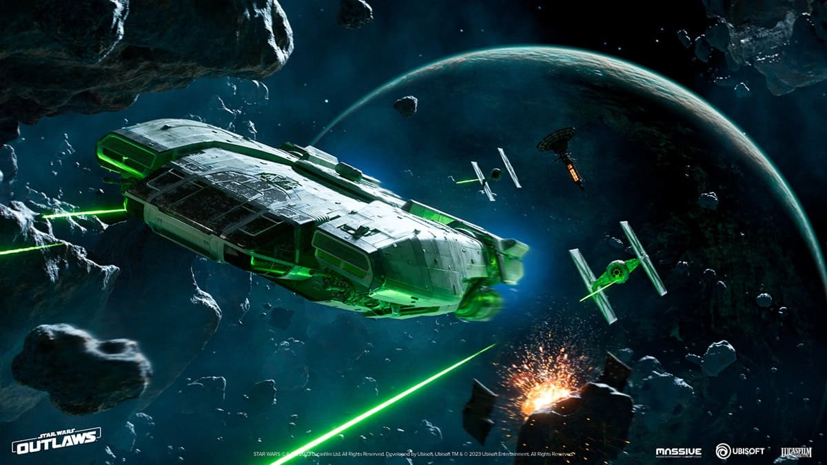 La nave Trailblazer perseguida por unos cazas Tie en Star Wars Outlaws.