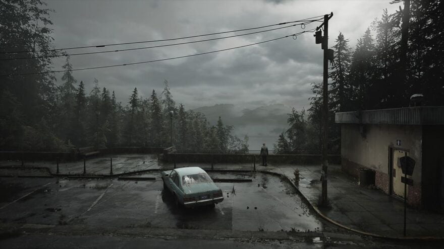 Un mirador con vistas a un lago en el remake de Silent Hill 2.