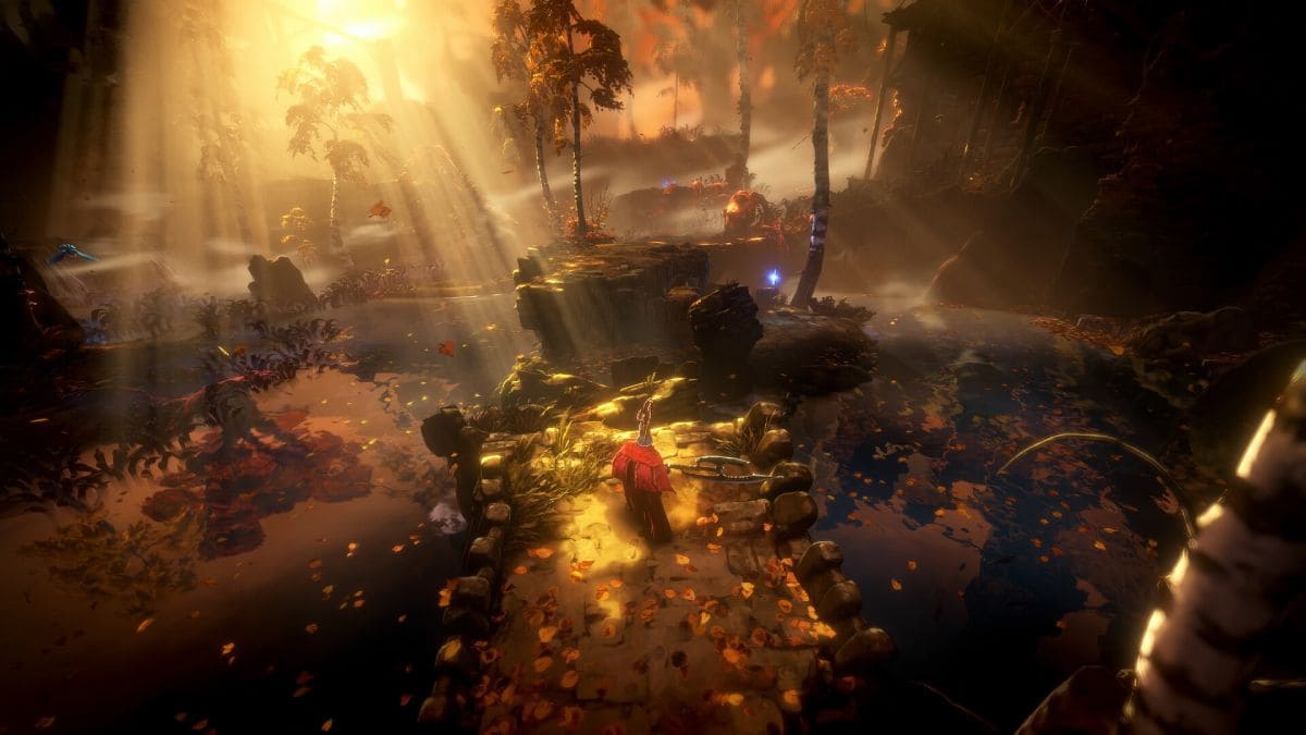 Un escenario de No Rest of the Wicked con iluminación volumétrica y tonos dorados