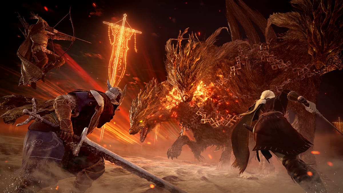 Tres guerreros luchando contra un monstruo en Elden Ring Nightreign.
