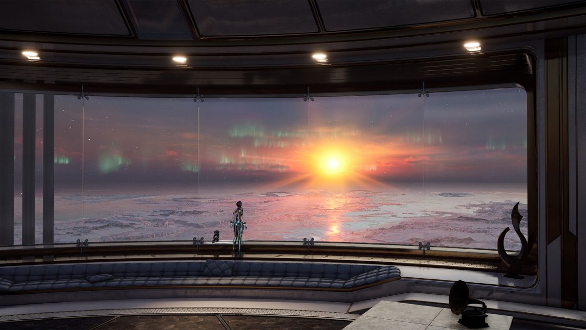 Eve contempla el amanecer desde una gran ventana en Stellar Blade.